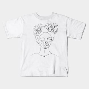 Minimalist Woman with Peony - Abstract Line Art Portrait with Flowers Kids T-Shirt
